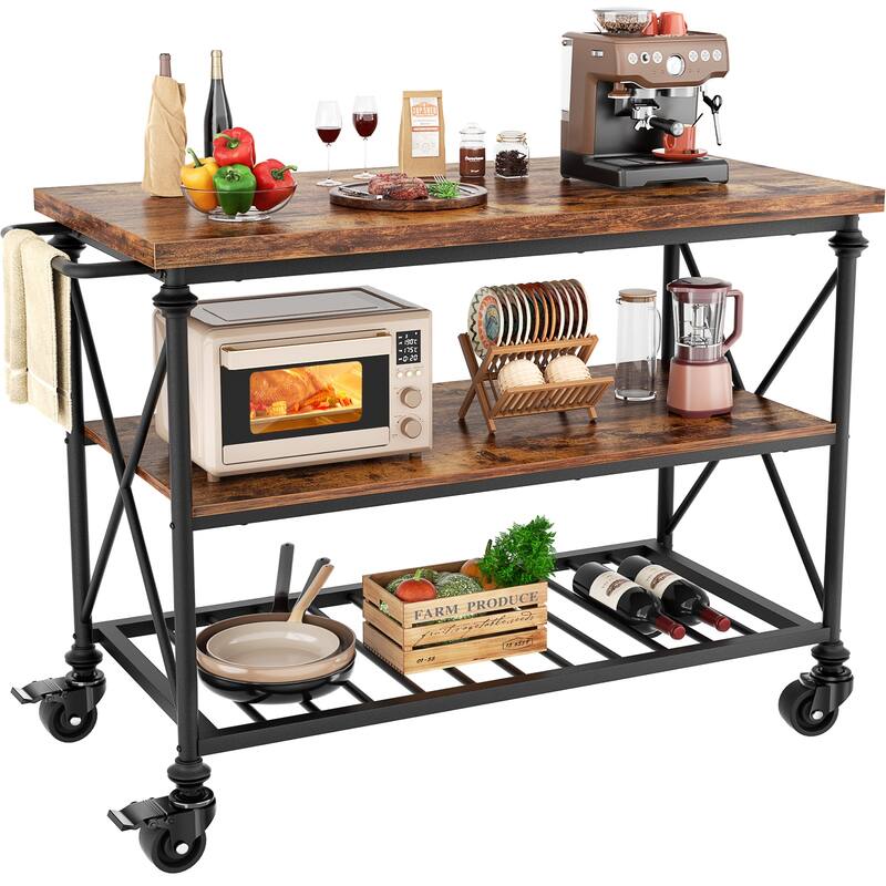 Rolling Kitchen Island Cart with Thick Wooden Top and Storage Shelves - N/A