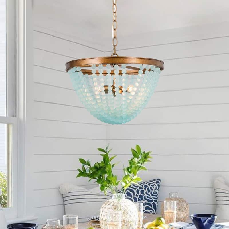 Coastal Beach 3-light Beads Chandelier Mid-century Modern Boho Blue White Pendant Lights - D15.7"*H11.5"
