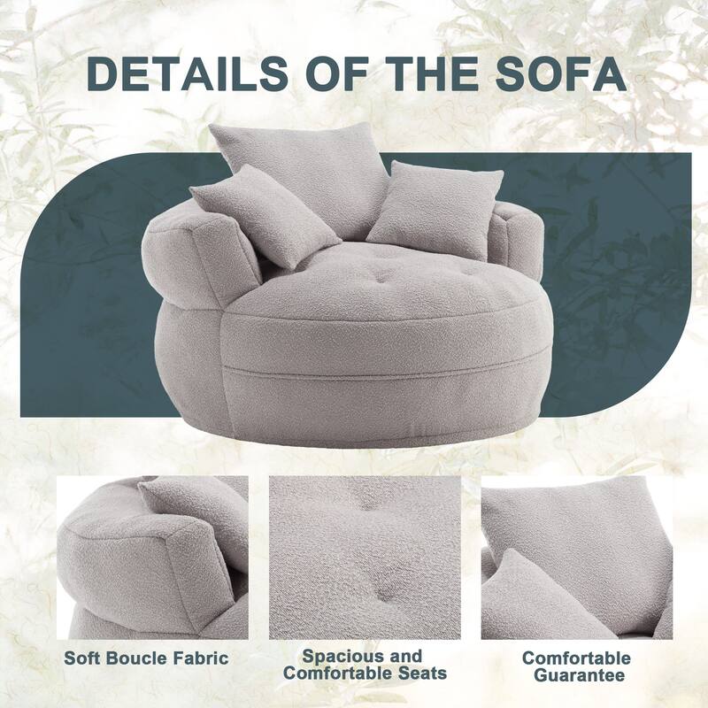 Boucle Upholstered Tufted Barrel Accent Living Room Chair With Toss Pillows