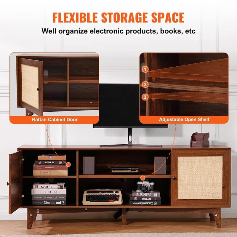 Rattan TV Stand for 75" TV with Rattan Door Walnut - 65 inches