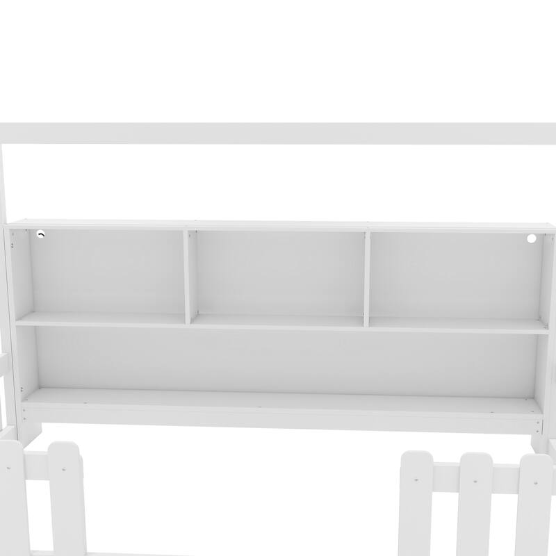 Wooden Twin Size House Bed with Fence and Roof, LED Bed Frame, Solid Pine Floor House Shaped Bed Frame with Storage Bookshelf