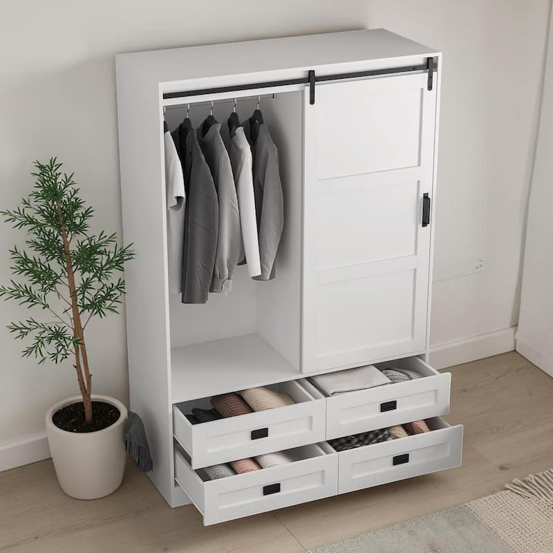 Tall Armoire Wardrobe Closet with Hanging Rod Barn Door 4 Drawers and 3 Open Shelves MDF Bedroom Storage Cabinet