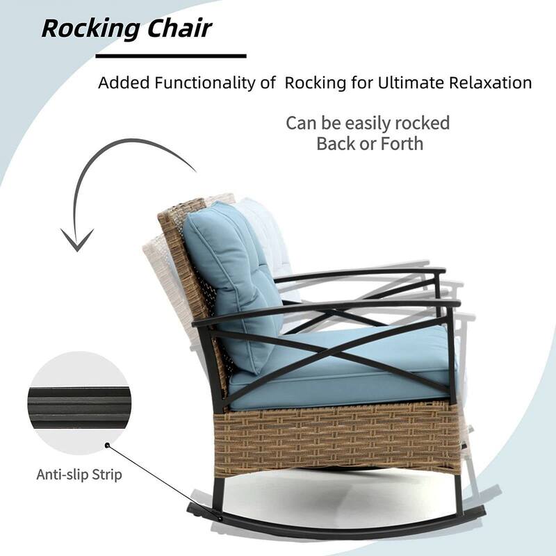 3 Pieces Patio Rocking Rattan Set, Outdoor Bistro Set with Cushions - 1 Table,2 Rocking chairs