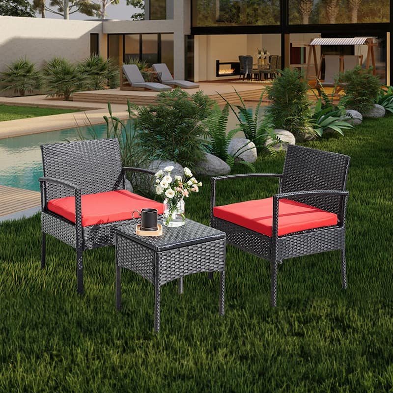 3 PCS Outdoor Patio Bistro, Rattan Conversation Chairs Set, Balcony Furniture Set - 28"H x 23.3"W x 23.3"D