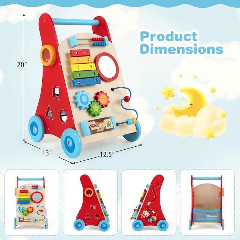 Gymax Wooden Baby Walker Baby Push Walker w/ Handle Storage & Wheels