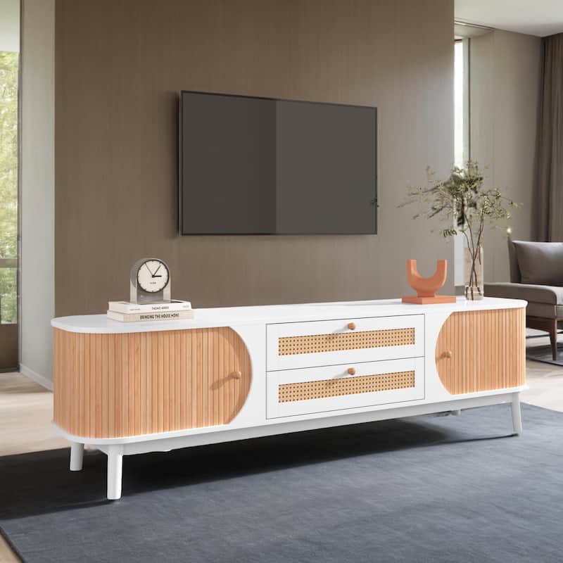 Rattan TV Stand for TVs up to 75"Modern Farmhouse Media Console,Entertainment Center with Solid Wood Legs