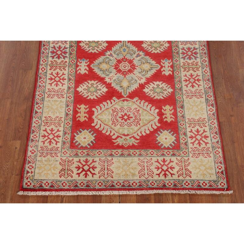 Geometric Red Kazak Oriental Accent Rug Handmade Wool Carpet - 3'3" x 5'0"