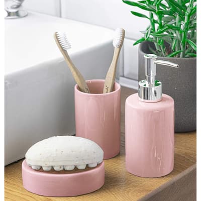 Pink Dolomite Bathroom Accessories Set - Soap Dispenser, Soap Dish & Tumbler - N/A