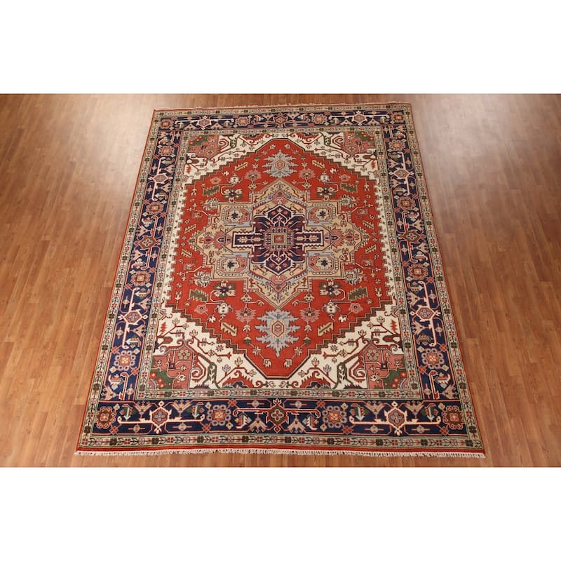 Orange Geometric Heriz Serapi Area Rug Handmade Oriental Wool Carpet - 9'0"x 11'8"