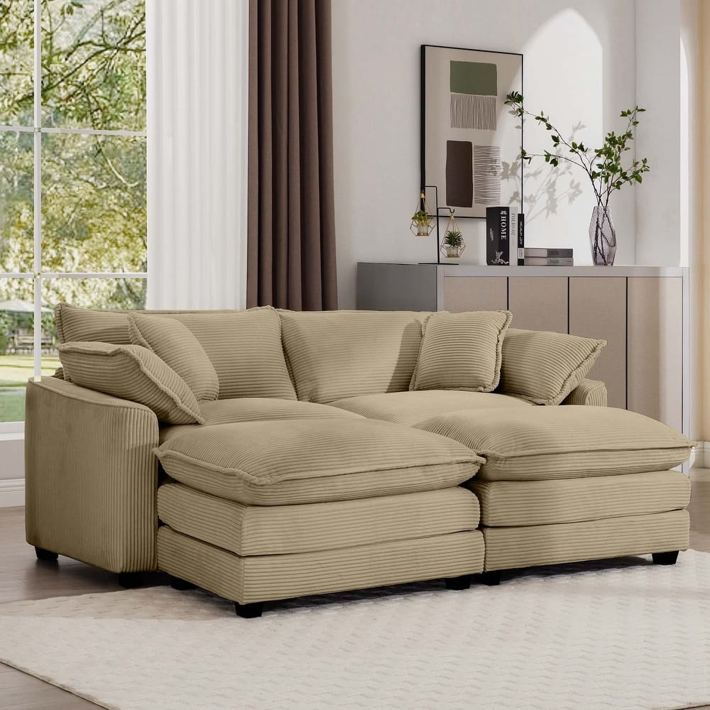 2-Seater Corduroy Upholstered Sofa Set with 2 Ottoman and Removable Armrests for Livingroom