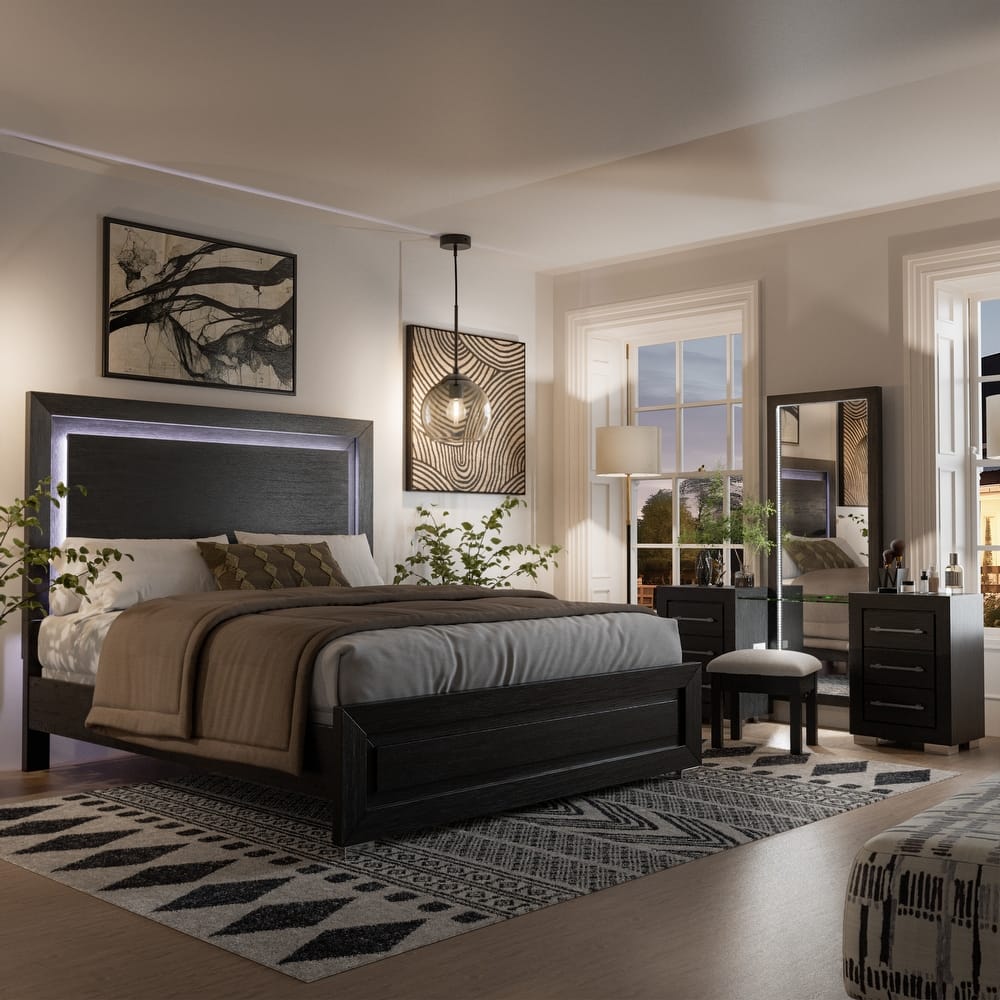 Furniture of America Alaric Modern Black Solid Wood 2-Piece Bedroom Set with 69-inch Makeup Vanity and Nightstand