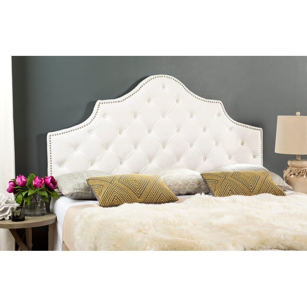 SAFAVIEH Brianna Taupe Linen Upholstered Tufted Headboard - Silver Nailhead (Queen)