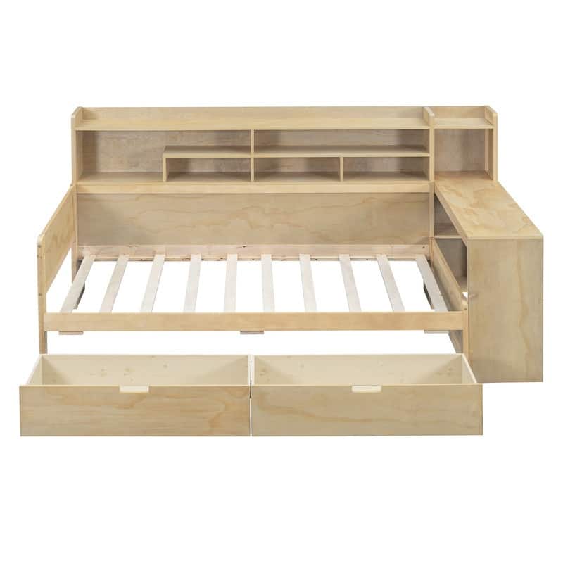 Twin Size Wooden Daybed with Storage Shelves, Two Drawers and Study Desk
