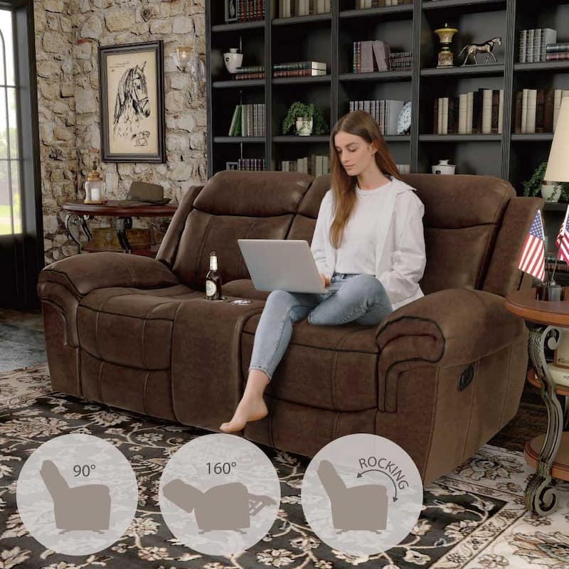 Verne Brown Manual Microsuede Glider Reclining Loveseat with Center Storage Console