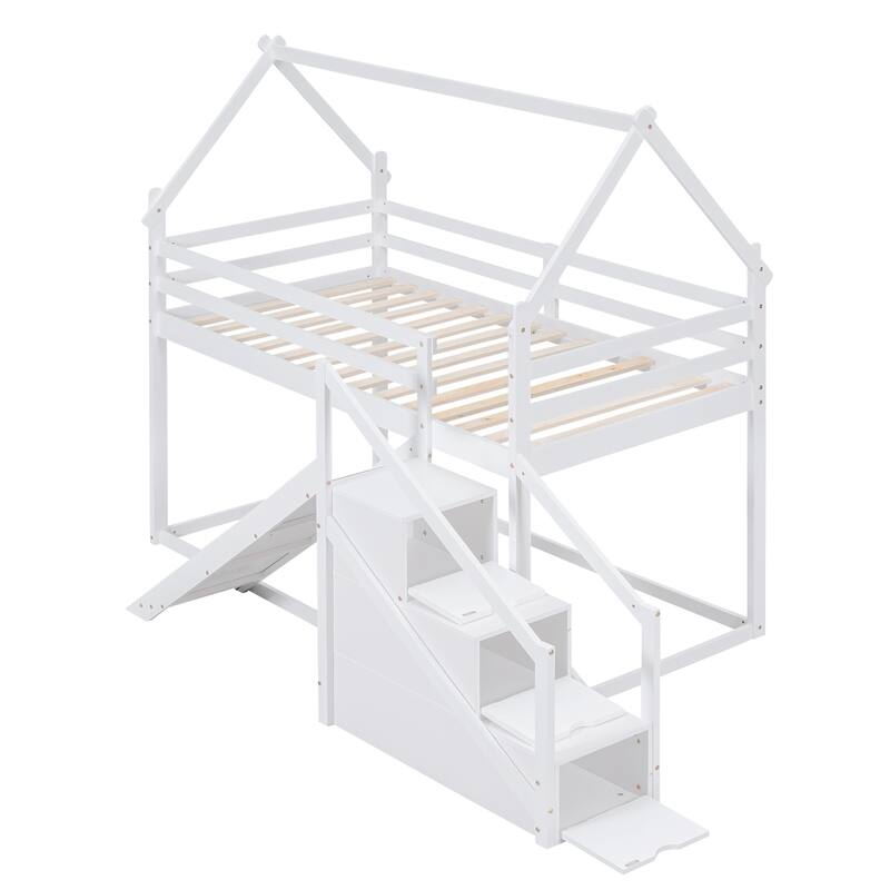 House-Themed Twin Bunk Bed with Climbing Net, Slide, and Storage Staircase