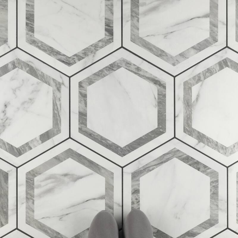 Merola Tile Marbilia Hex Venato Grey Geo with Biotech 11" x 13" Porcelain Floor and Wall Tile