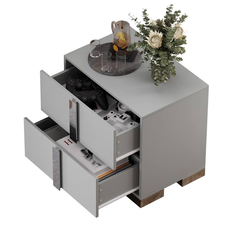 Modern End Table with Drawers, Elegant Nightstand with Metal Foot,Wood Bedside Table with Mirrored Metal Handles