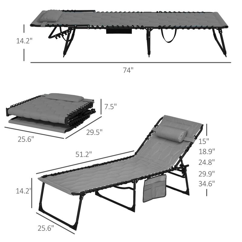Folding Tanning Chair Set of 2, Outdoor Recliner Lounge Chairs with Pillow, Storage Pocket & Adjustable Backrest