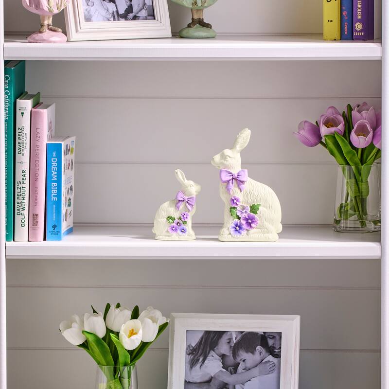 5-7.5" Resin Chocolate Bunny With Pansy Set of 2 - Off-White