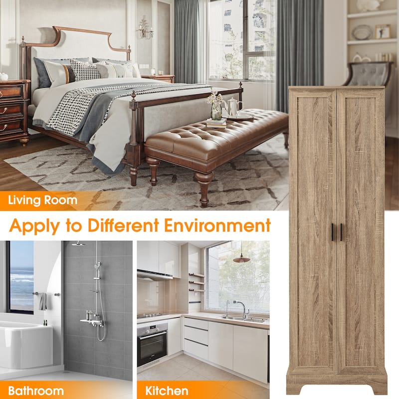 2 Door Bathroom Storage Cabinet 71" Tall Wooden Bathroom Cabinet w/ Adjustable Shelves Bathroom Floor Cabinet Storage Unit