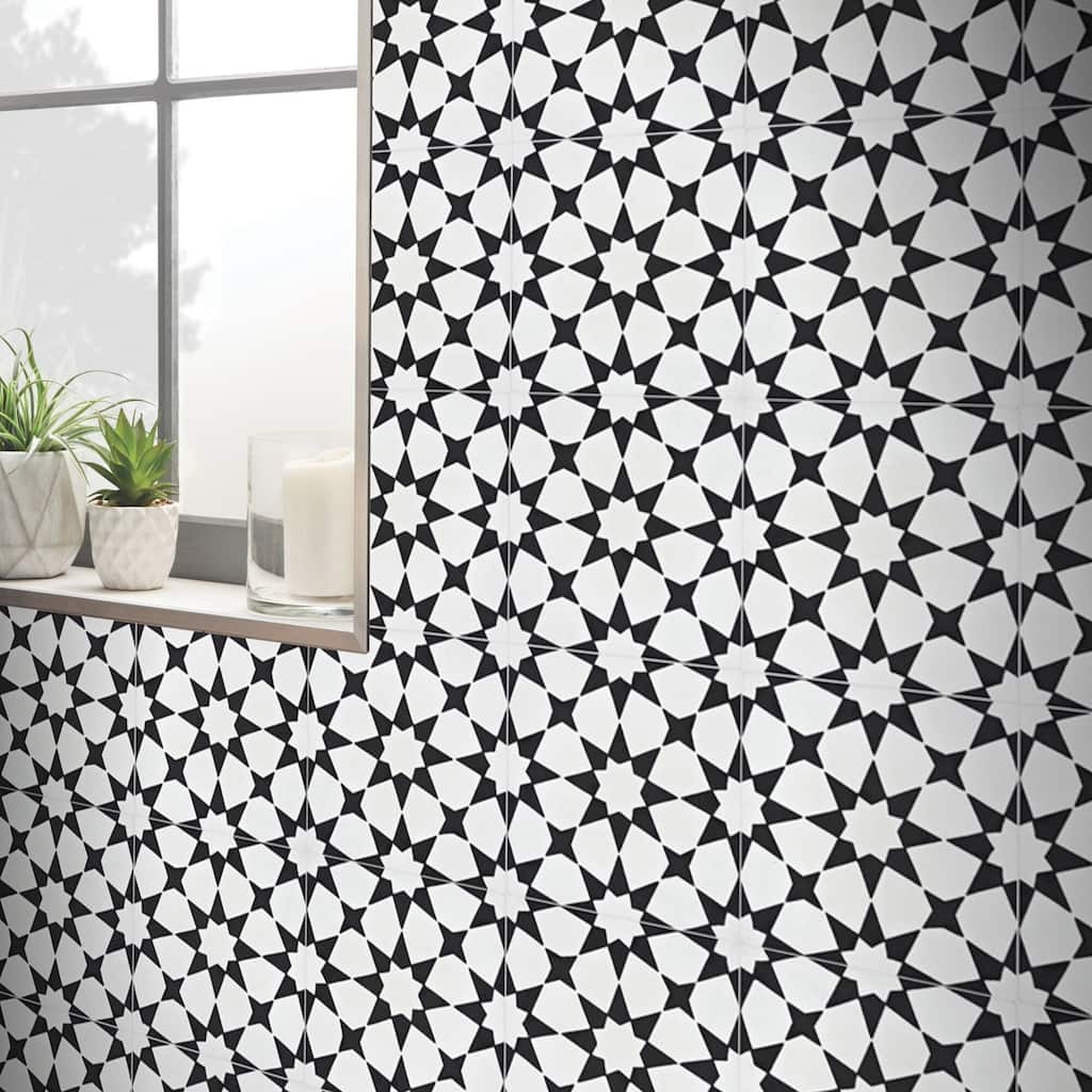 Handmade Medina 8''x8'' in White and Black Tile, Pack of 12 (Morocco)