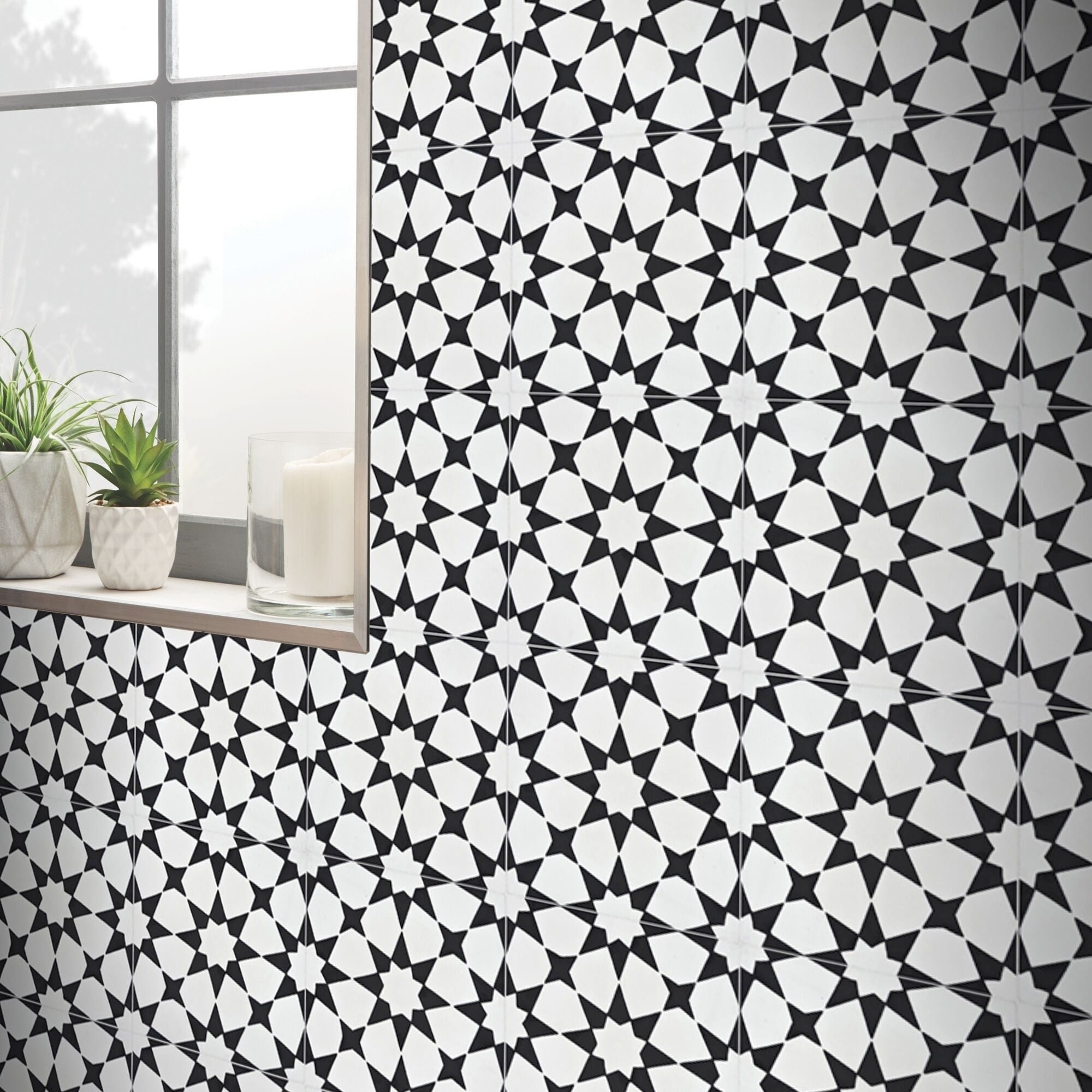 Handmade Medina 8''x8'' in White and Black Tile, Pack of 12 (Morocco)