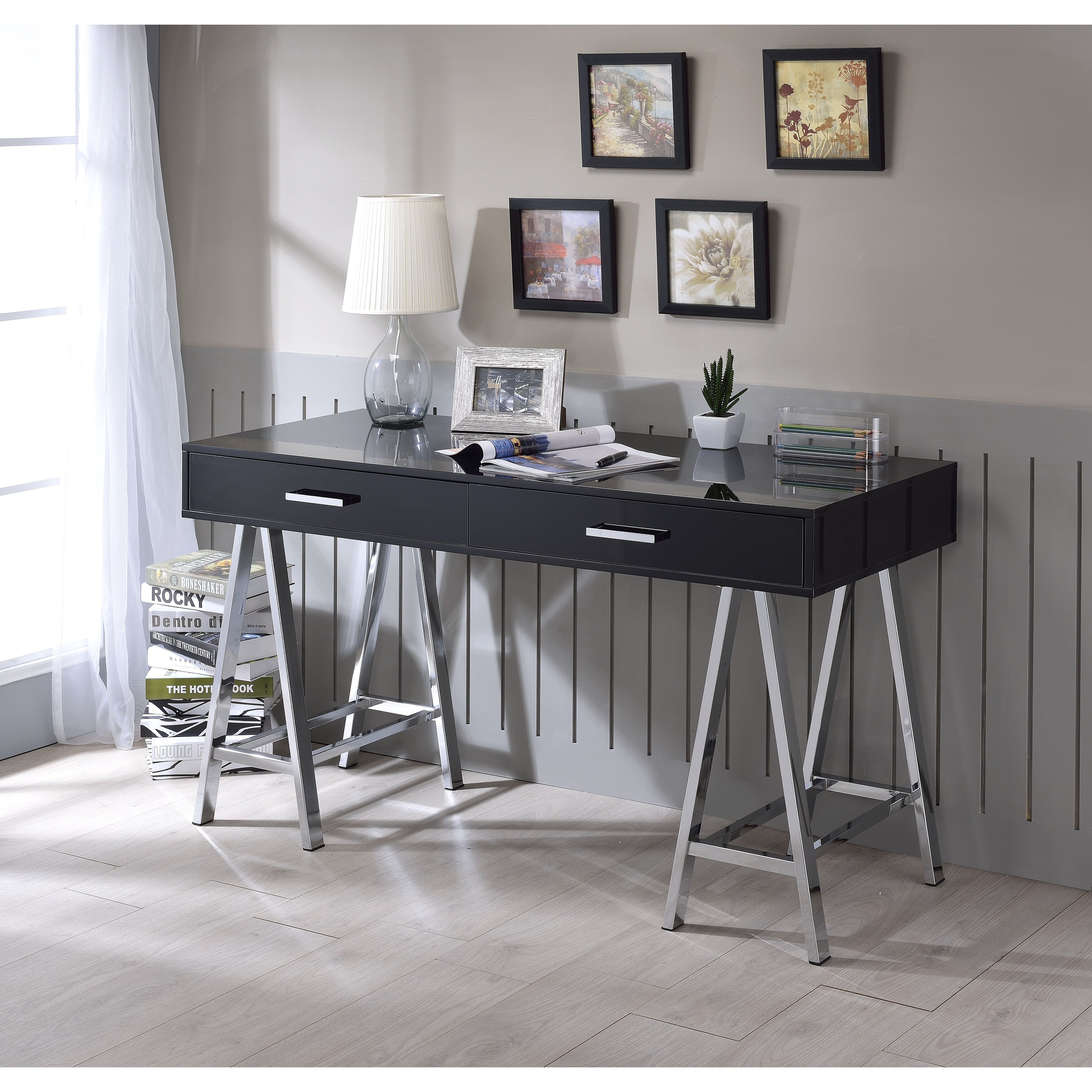 Desk Black High Gloss Chrome for Office Study Bedroom Bed