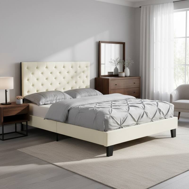Mid-Century Tufted Platform Bed - Beige - King