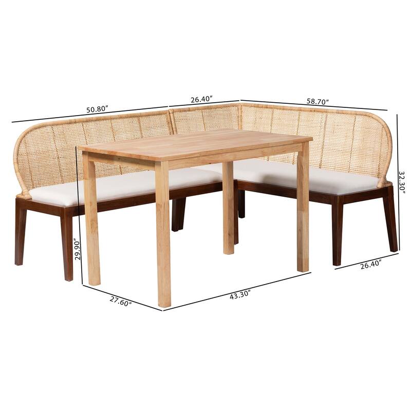 Okinawa 3-Piece Dining Nook Set - L-Shaped Rattan Corner Benches and Solid Wood Table, Boho Coastal Banquette for Dining