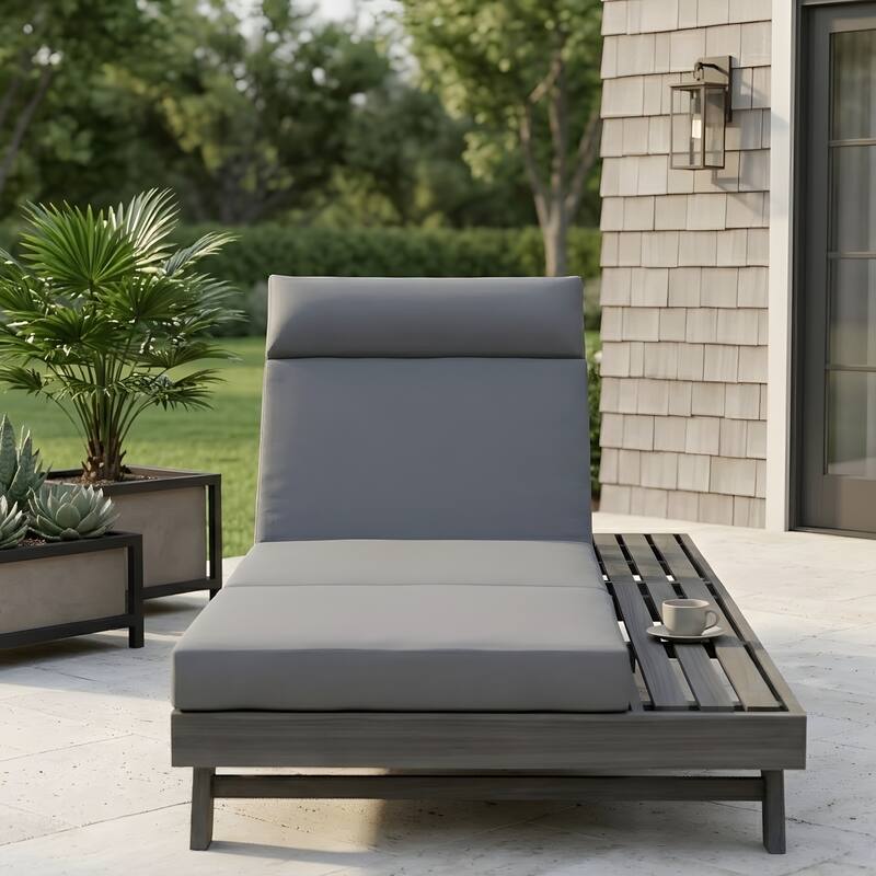 Outdoor Patio Lounge Chair, Adjustable Recliner with Headrest and Retractable Side Tray - Black Dark Gray