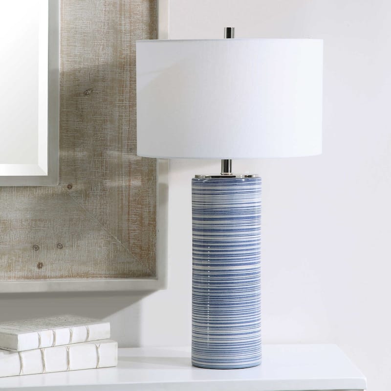 Striped Ceramic Table Lamp with White Round Hardback Drum Shade - 28.5" - Blue and White