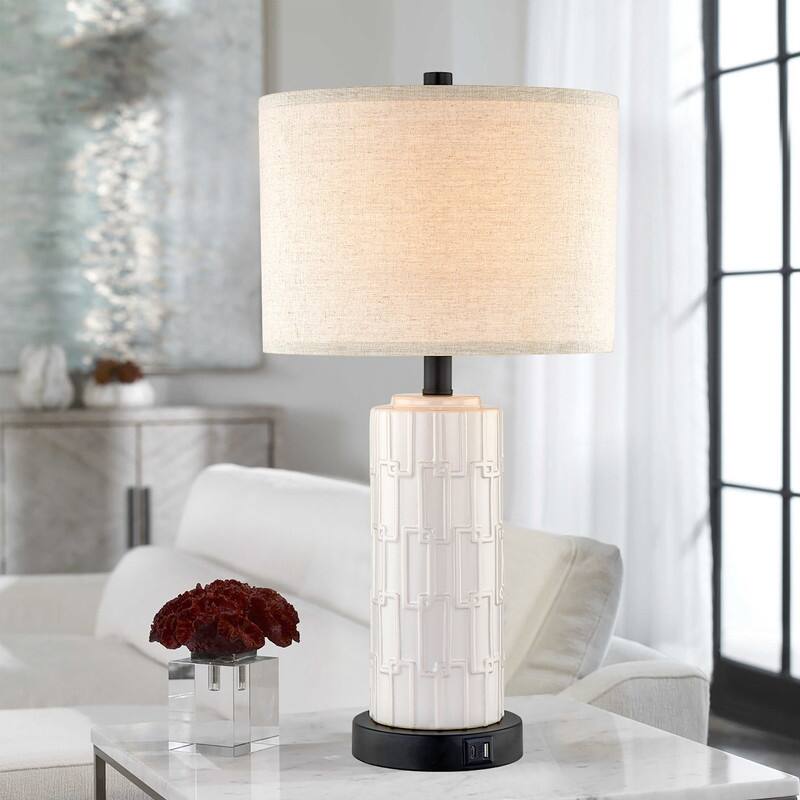KAWOTI 23" Ceramics Table Lamp Set with USB Port and AC Outlet, Bulbs - W12" * H23.25"