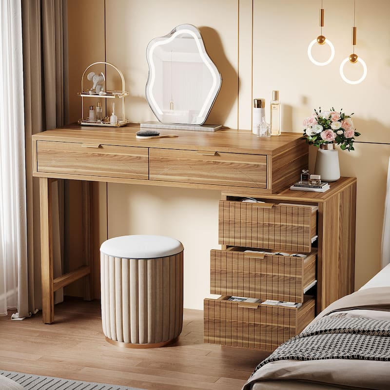 Modern Wood Makeup Vanity Desk Table with 5 Storage Drawers