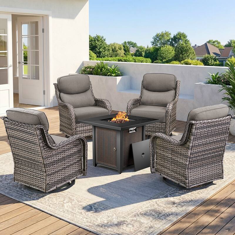 Pocassy 30 In Outdoor Fire Pits with Patio Sofa Swivel Glider Chari Furniture. - Gray Wicker Gray Cushion - 5-Piece Swivel Chair w/ Fie Pit Table