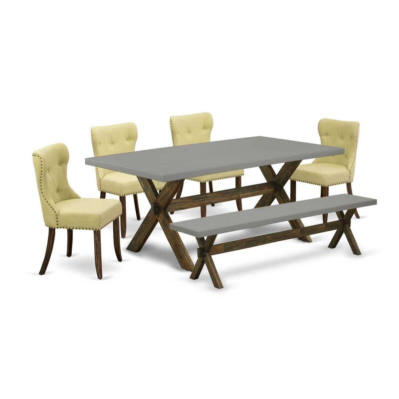 Coastal Charm 6-Piece Dinette Set - Linen Fabric Dining Chairs, Wooden Bench, Rectangular Table
