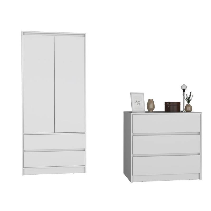 2 Piece Bedroom Set for Bedroom,Apartment, Dresser + Armoire, White - White