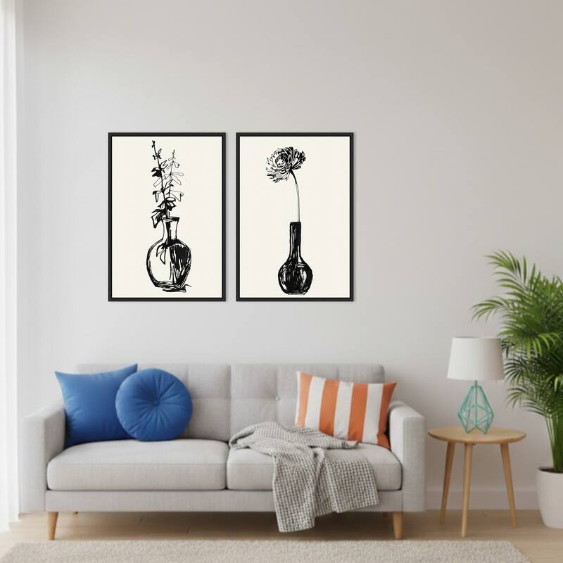 Amanti Art Flower & Leaves in a Vase Ink Sketch 2 Piece by Rosana Laiz Blursbyai Framed Canvas Wall Art