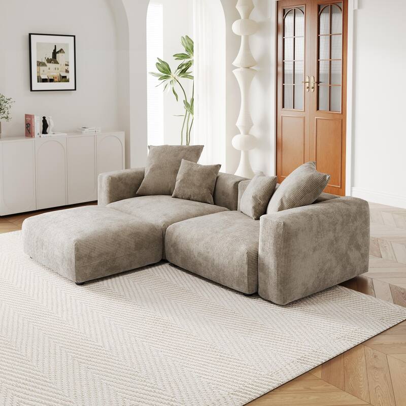Comfy Corduroy Upholstered Deep Seat Sofa & Couch With Wood Legs and 4 Pillows - Light Brown