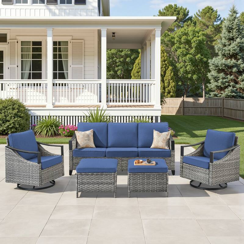 Pocassy Outdoor Sofa Swivel Patio Chair Table with Ottoman Set - Gray Wicker Blue Cushion - 4-Piece Sofa Swivel Chair with Ottoman