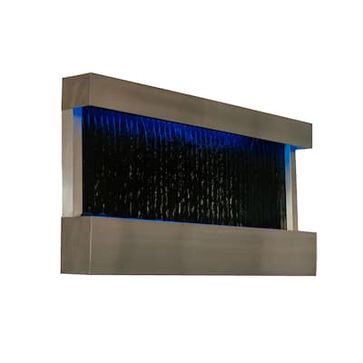 XBrand 47" Steel/Glass Indoor Wall-Mounted Mirror Waterfall Fountain with Pump, LED Lights, and Rocks, Modern Mirror Fountain