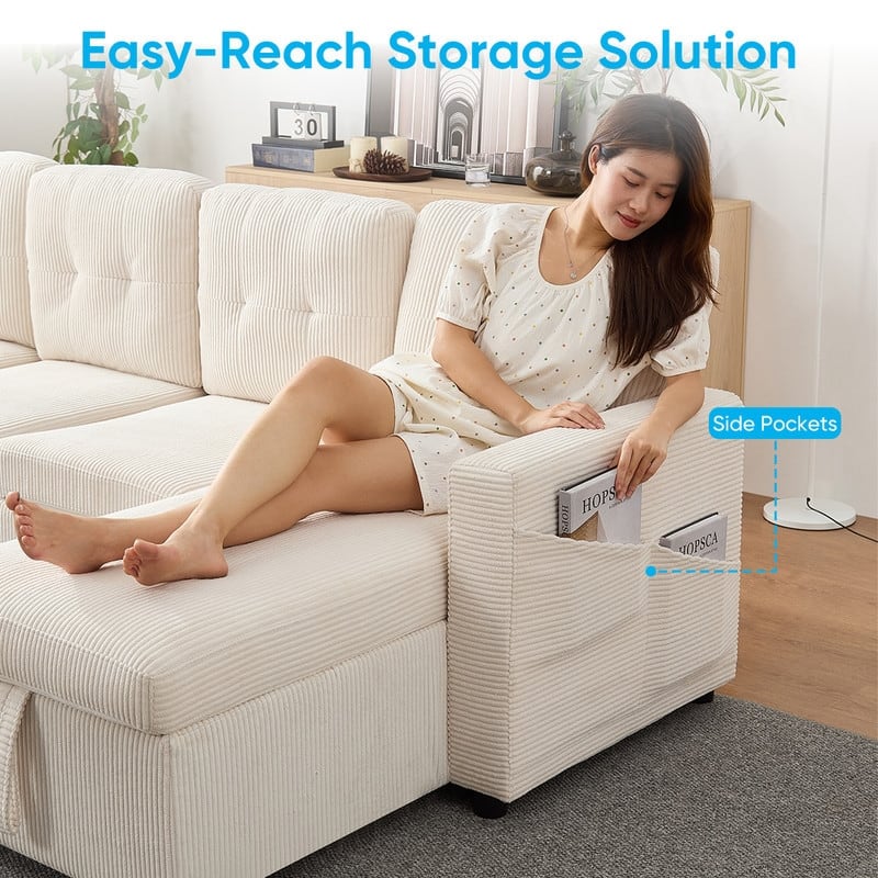 W103" Corduroy 4-Seater Modular Sleeper Sofa Bed with Storage Chaise,U-shaped Sofa with Pull-out Bed