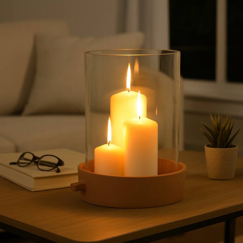 Modern Glass Hurricane Candle Holder with Terracotta Base