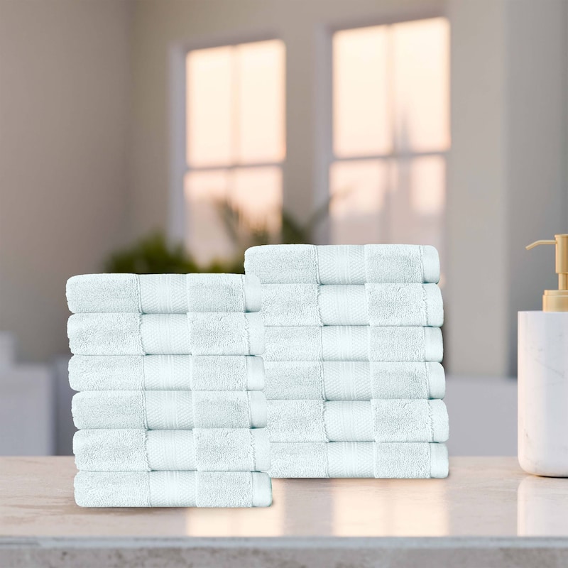 Superior Turkish Cotton Solid Heavyweight Face Towel Set of 12 - Dusty Aqua
