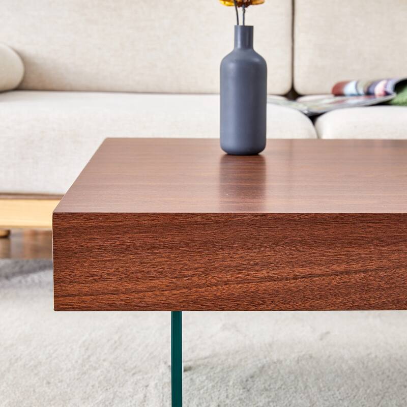 Colored Square Mdf Coffee Table -Tempered Glass Legs.Density Board Sticker,Reinforced Glass Legs