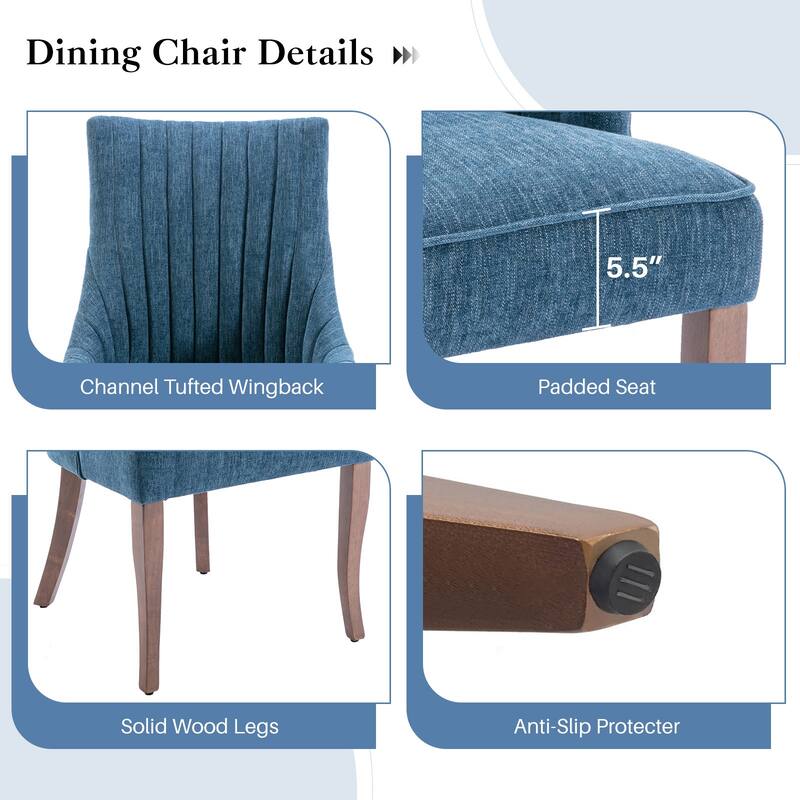 Vintage Linen Upholstered Dining Chairs Set of 2 with Channel Tufted Back & Solid Wood Legs