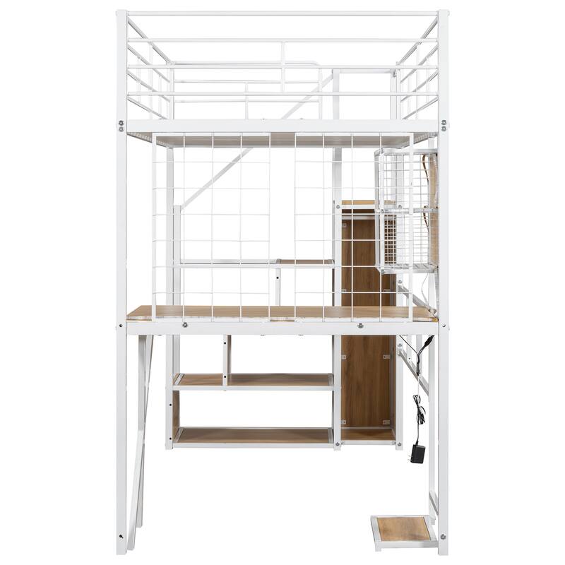 Twin Size Loft Bed with Workstation, Wardrobe, Storage Stairs, and LED Lights, White