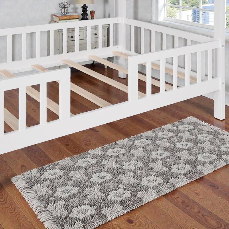 Twin Size Wooden House Bed with Fence, Roof Playhouse Design, Kids Montessori Floor Bed with Safety Rails