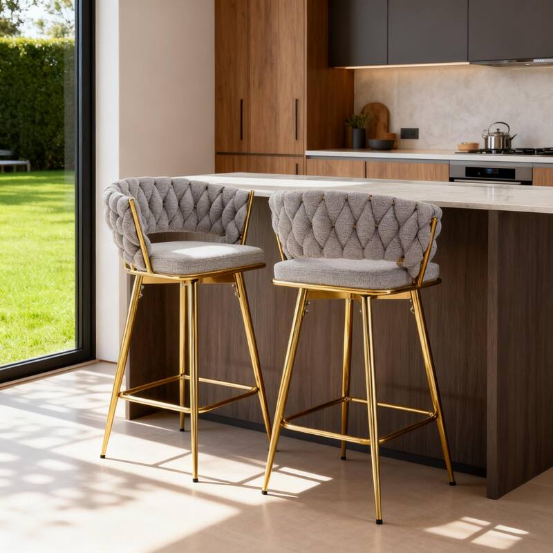Set of 2 Swivel Bar Stools with Linen Cushions & Electroplated Metal Frame for Bar & Living Room