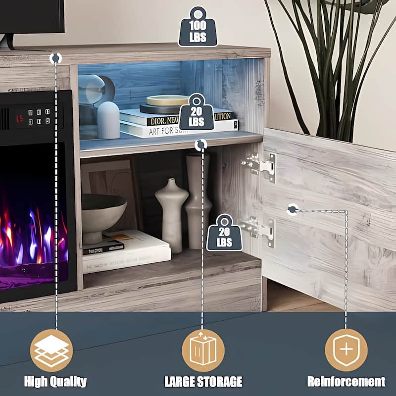 Bossin 70" Fireplace TV Stand with 36" Electric Fireplace, TV Stand for TVs Up to 80", 20 Colors LED Lights/Entertainment Center
