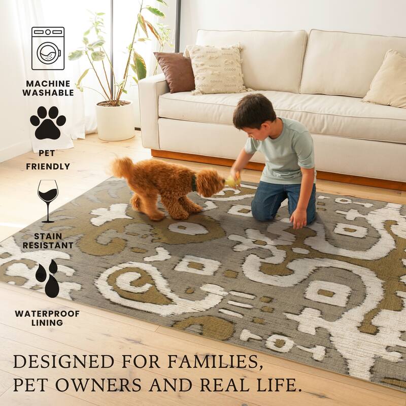 My Magic Carpet Machine Washable Rug Ochre Ikat Grey/Gold